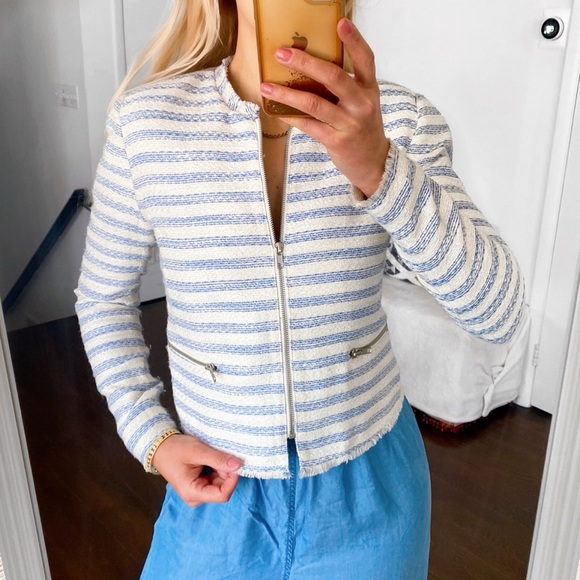 π BIKBOK BLUE IVORY STRIPE FRINGE ELEGANT BLAZER JACKET! - Picture 4 of 15